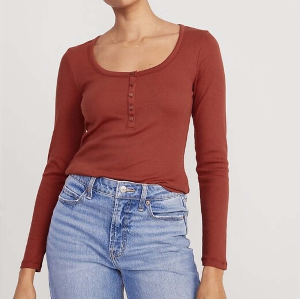 Old Navy Red Fitted Henley Long Sleeve Top